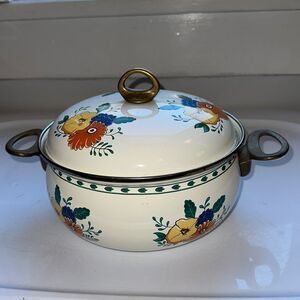 Vintage enamelware floral painted cooking pot with brass handles